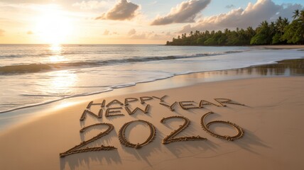 Happy new year 2020 written in the sand on a tropical beach at sunset with palm trees