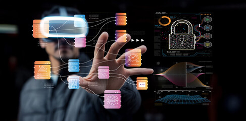 Futuristic Technology Interface with Virtual Reality Headset, Data Visualization, and Cybersecurity Elements in a Digital Environment