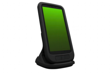 Rugged smartphone with green screen on a charging dock stand isolated on transparent background