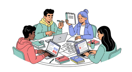 Energetic team collaborating on project, laptop, notebook, and ideas for success in a modern office