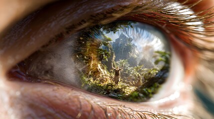 A vibrant tropical paradise reflected within an eye, showcasing a sense of wonder and exploration.