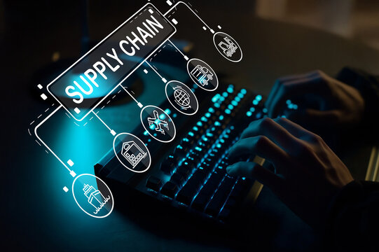 Innovative Supply Chain Concept with Digital Network and Hands Typing on Keyboard in Modern Workspace