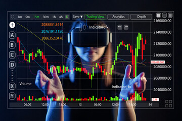 Woman Wearing Virtual Reality Headset Engaged in Stock Trading Analysis with Digital Chart Interface and Financial Data Displayed on Screen