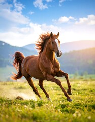 Obraz premium Majestic Brown Horse Running Through Mountain Meadow.