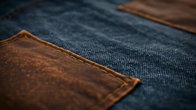 Close-up of stylish denim with leather patch. Rustic and textured.