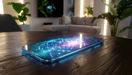 Futuristic smartphone displaying a glowing digital network interface on a wooden table in a modern smart home