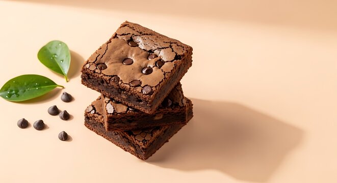 Delicious chocolate chip brownies stacked together with fresh mint leaves and scattered chips