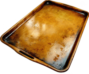 Vintage copper baking sheet with handles and embossed logo isolated on transparent background