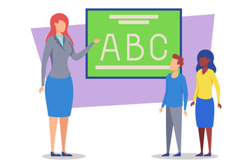 Teacher standing in front of board displaying letters, explaining something to two students. Education and interaction concept