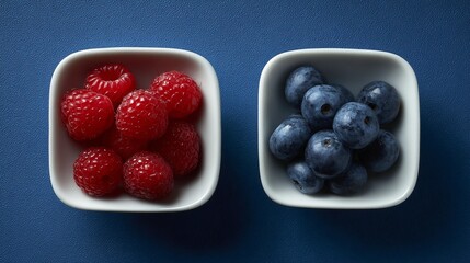 Raspberries and blueberries in white bowls