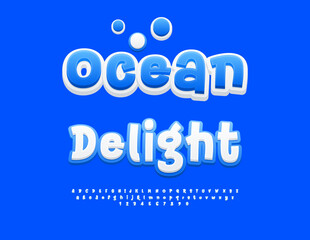 Vector Holiday logo Sea Delight. Joyful White and Blue Font. Cute Handwritten Alphabet Letters and Numbers set.