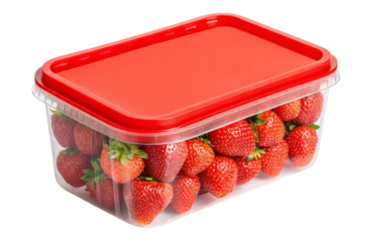 Fresh strawberries stored in clear plastic container with red lid, perfectly arranged for freshness preservation, isolated on a transparent background