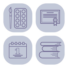 Collection of various educational tools. Paint palettes, certificates, calendars, and books, essential for productive learning environment