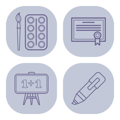 Collection of line icons illustrating various educational tools, including paintbrush, palette, certificate, easel, and pen. Creativity and learning concept