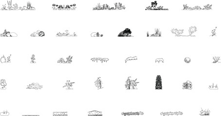 A black-and-white vector collection of various bush elevations and shrubbery, suitable for architectural, landscape, and urban design projects that require natural elements.