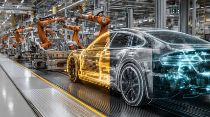 A split screen showing a physical factory and its perfect digital twin, where an AI runs simulations to optimize the process.