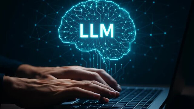 LLM, AI large language model. Artificial intelligence machine learning neural network digital brain laptop typing hands programmer code glow LLM artificial intelligence brain neon glow hands typing