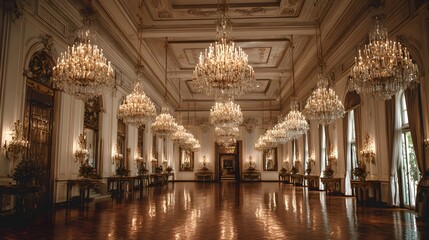 Obraz premium A grand hall with numerous crystal chandeliers illuminates the opulent interior.