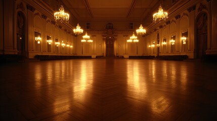 Fototapeta premium Grand ballroom, illuminated by shimmering chandeliers, displays a polished wooden floor reflecting warm golden light.