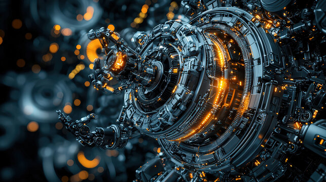 Futuristic design of robotic structure featuring intricate metallic surfaces and glowing orange accents, showcasing advanced technology