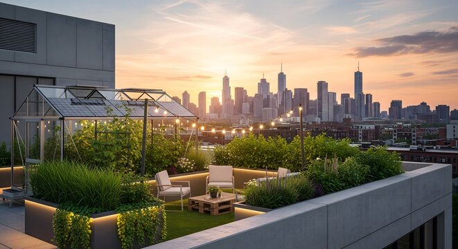 Modern rooftop garden terrace with greenhouse, cozy seating area, and city skyline view at sunset, urban sustainability and eco-friendly living design - Powered by Adobe