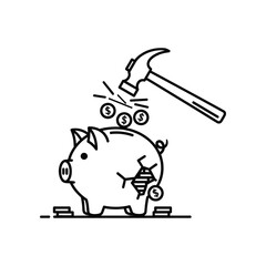 Piggy Bank Destruction: A stark monochrome illustration captures the symbolic act of a hammer shattering a piggy bank, money spilling out.