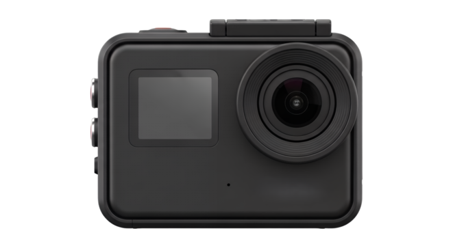 Modern Action Camera Front View on Black Background