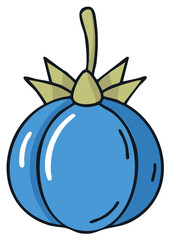 Stylized Blue Berry with Green Leaves and Stem Simple Cartoon Illustration