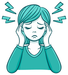Woman feeling headache and stress holding her temples with lightning bolt symbols above her head