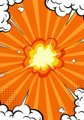 Comic Book Explosion with Rays Cloud Puffs and Halftone Dots.