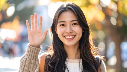 Young woman greeting with sign language outdoors on World Sign Languages Day