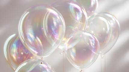 A cluster of iridescent balloons, showcasing a soft, pastel color palette against a neutral background, evokes a dreamy and celebratory atmosphere.