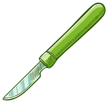 Cartoon style scalpel with green handle, medical instrument, surgical illustration
