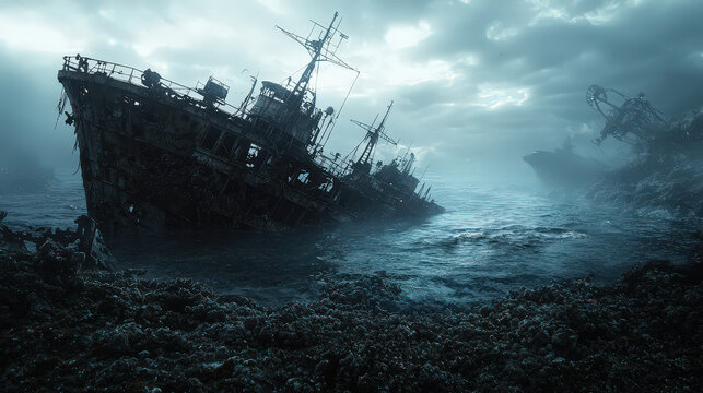 Haunting scene of rusted, sinking ship in misty, eerie ocean landscape