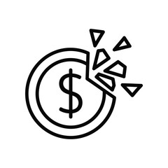 Financial Breakdown: A minimalist line art of a fragmented dollar coin, symbolizing financial loss, economic downturn, or the concept of breaking the bank.