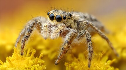 Close-up of a jumping spider with intricate patterns, set against a backdrop of vibrant yellow flowers.