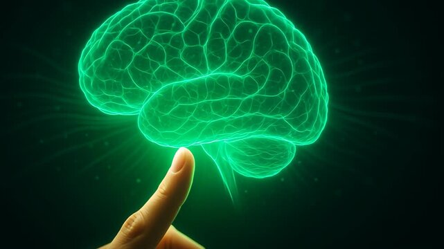 LLM, AI large language model. Glowing brain green light digital art finger touch neural network luminous science technology innovation imagination, radiant neon brain closeup with finger touch