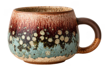 Rustic ceramic mug with drip glaze and speckled texture isolated on transparent background