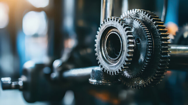 Close up of interlocking metal gears in industrial setting, showcasing precision engineering and mechanical design