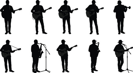Silhouette musicians playing instruments, guitar and saxophone performance, live concert artists, music band shadow figures, vector illustration graphic design © MDALRAFIN
