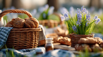 Fresh Baked Goods and Beautiful Flowers Arranged for a Picnic in a Sunny Park Setting on a Warm Spring Day