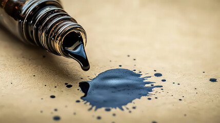Bottle of black ink spills onto textured surface, creating abstract splash pattern. scene captures sense of creativity and spontaneity