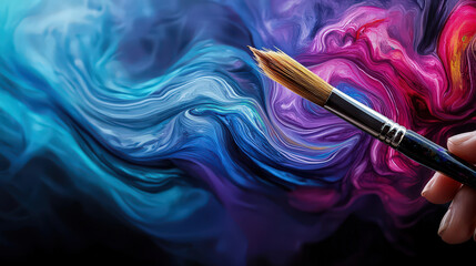 Naklejka premium Hand holding paintbrush creates vibrant, swirling abstract patterns in blue, purple, and pink hues, evoking creativity and imagination