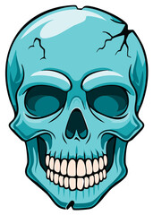 Fototapeta premium Stylized teal skull illustration with cracks, sharp lines, and open mouth.
