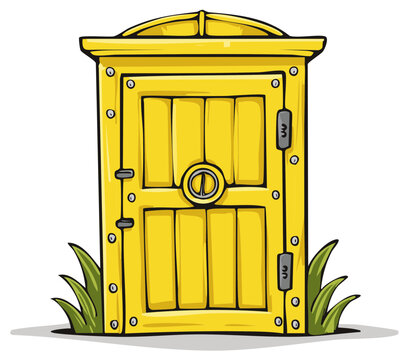 Whimsical yellow outhouse door with riveted panels and grassy entrance
