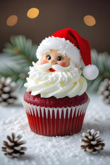 Delicious Christmas cupcake decorated like Santa Claus, with creamy whipped beard, red Santa hat dusted with coconut flakes, rosy cheeks, and festive holiday background with pinecones, fir branches, a