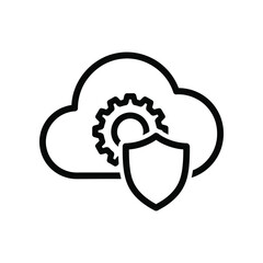 Cloud Data Protection Icon: A modern, black and white vector illustration of a cloud-shaped icon, incorporating a gear symbol for settings and a shield for security.