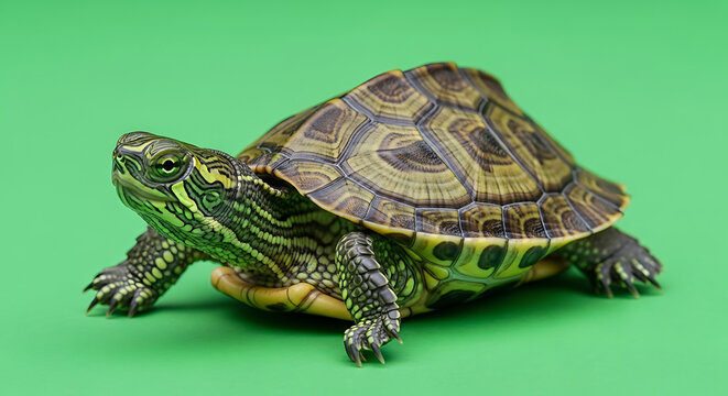 A detailed studio portrait of a small turtle with intricate patterns on its shell and skin, set against a vibrant green background.