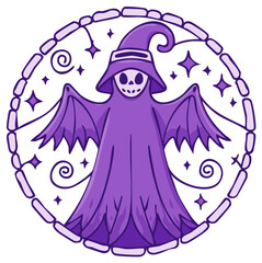 Whimsical purple ghost with bat wings wearing a witch hat and surrounded by magical swirls and stars