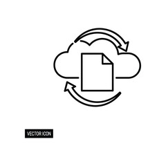 Cloud Data Synchronization: A minimalist outline icon featuring a document within a cloud, encircled by arrows, symbolizing data synchronization and seamless file transfer.